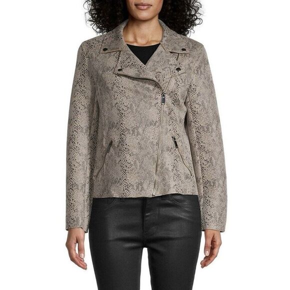NWT Catherine Malandrino (L) faux leather snake print jacket size Large, tan - Picture 1 of 8